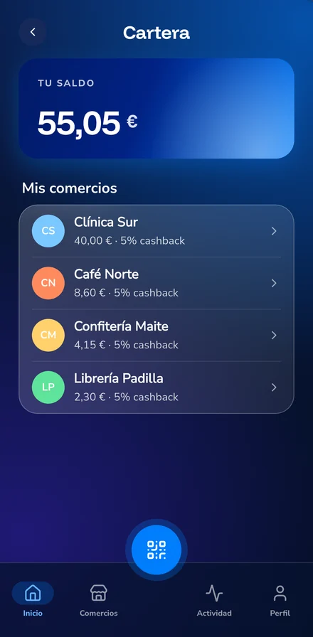 Cartera de Zinco con el saldo disponible en cada comercio