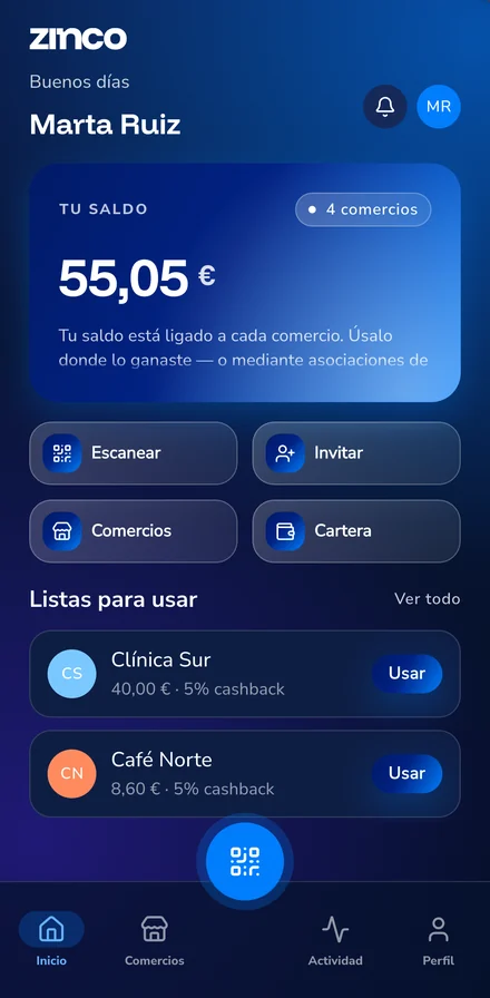 Pantalla de inicio de Zinco con un saldo de 15,05 € repartido en tres comercios