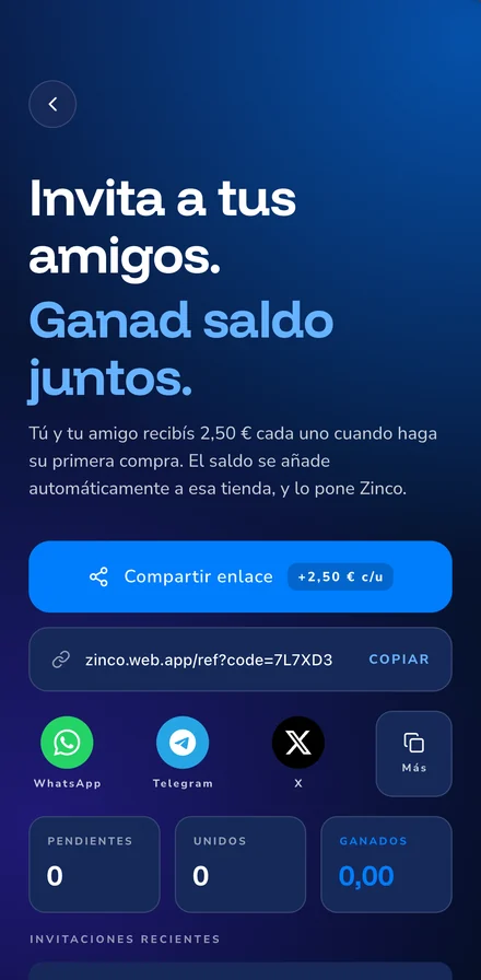 Pantalla de invitaciones de Zinco con el enlace para compartir